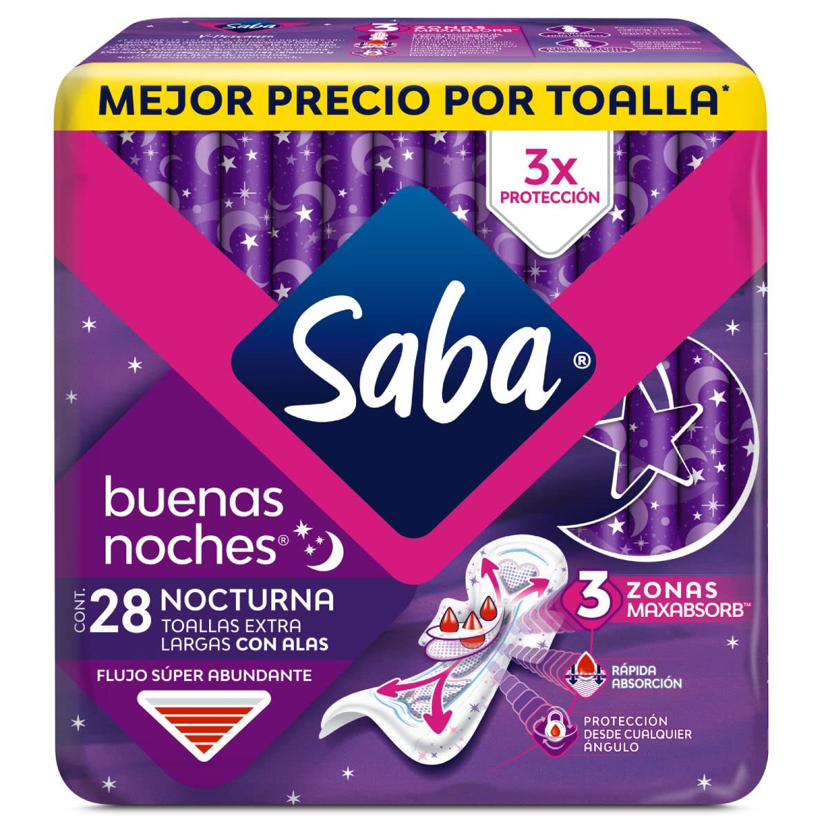 Saba Toalla Femenina con Alas, 60 piezas + Buenas Noches con Alas; Toallas Femeninas Nocturnas XL, Flujo Súper Abundante; 28 Toallas
