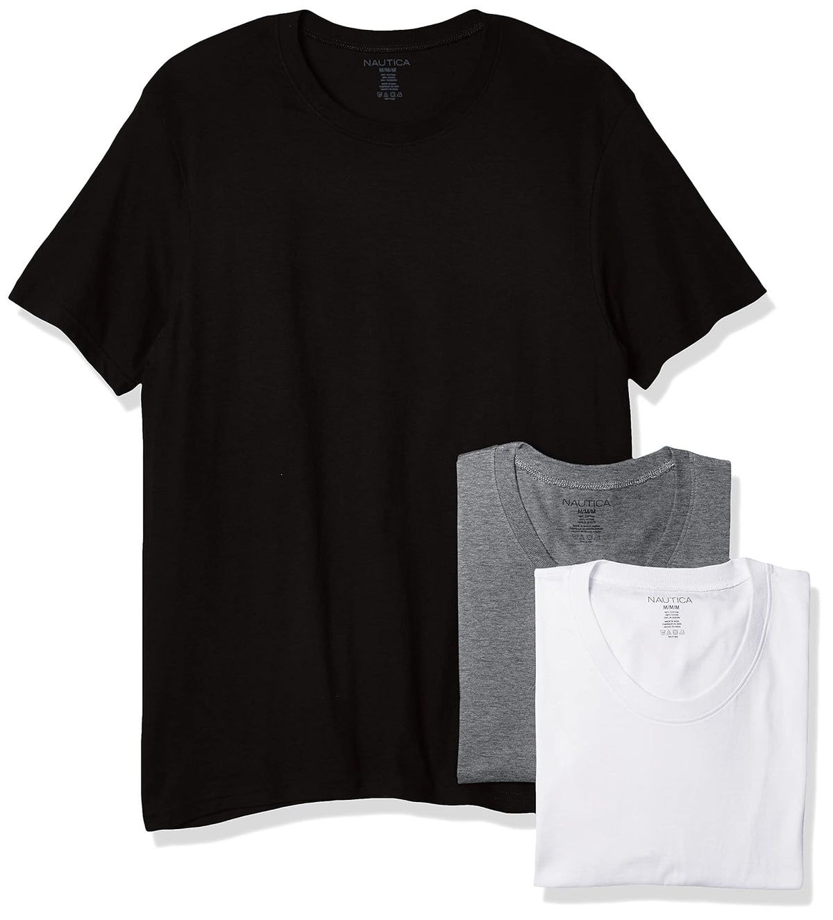 Nautica - Playera de algodón con Cuello Redondo para Hombre, Paquete de 3 - XL - Color blanco, negro y gris jaspeado.