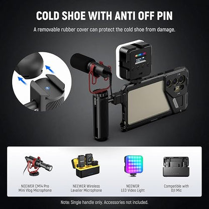 NEEWER Mango Lateral de Liberación Rápida para Jaula de Teléfono PA073 PA074 para iPhone 16 Pro/16 Pro MAX, PA042 para Samsung S24 Ultra, con Zapata Fría, Pin Antiapagado, Bloqueo Negro, PA045B