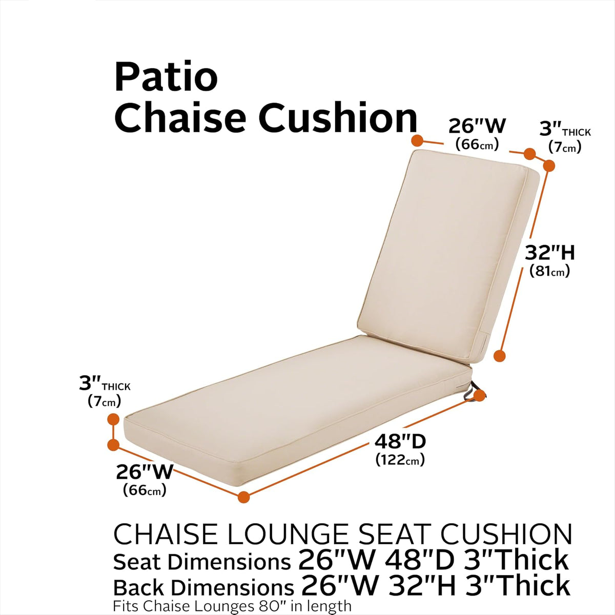 Classic Accessories Montlake Chaise - Cojín de espuma y funda antideslizante, Beige antiguo, 80 in L x 26 in W x 3 in T