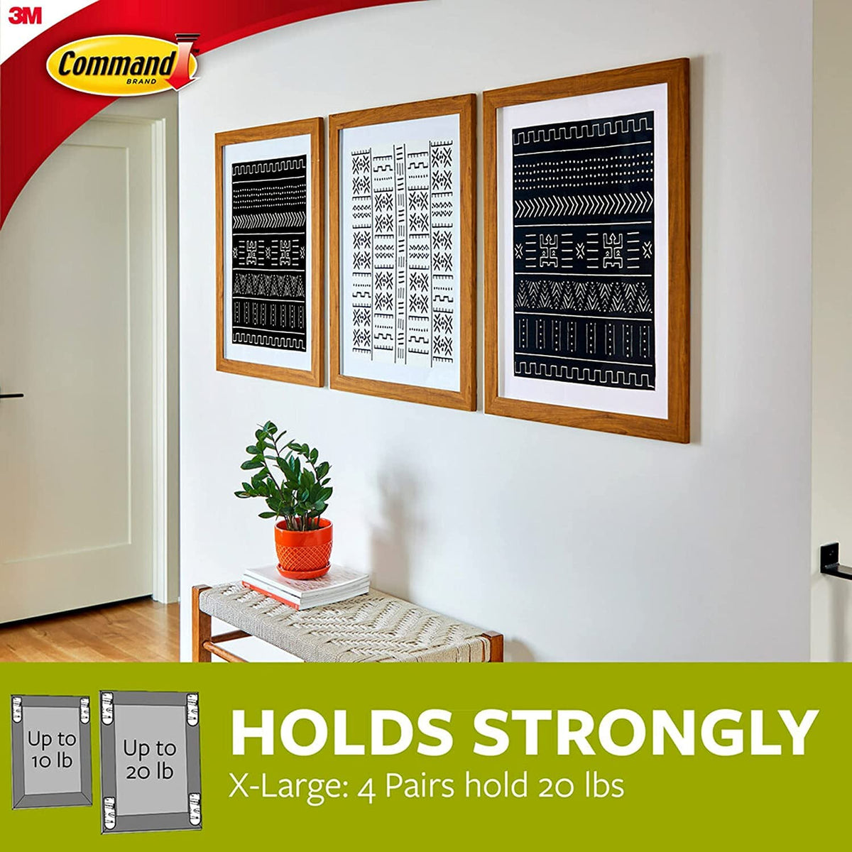 Command - Tiras para colgar fotos XL de 20 libras, 10 pares (20 tiras de mando), sin daños, para colgar fotos, resistente, ideal para decoración del hogar, calcomanía negro