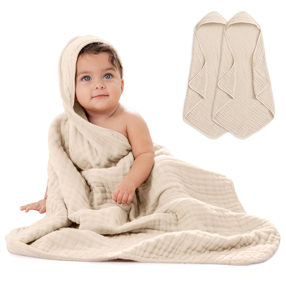 Comfy Cubs Toalla con Capucha para Bebé, Grande, 81 × 81 cm, Paquete de 1 | Azul Pacífico - 6 Capas Algodón Muselina 100% – Suave y Absorbente para Bebés, Niños y Niñas para la Hora del Baño - Arena - Paquete de 2 - Bebé