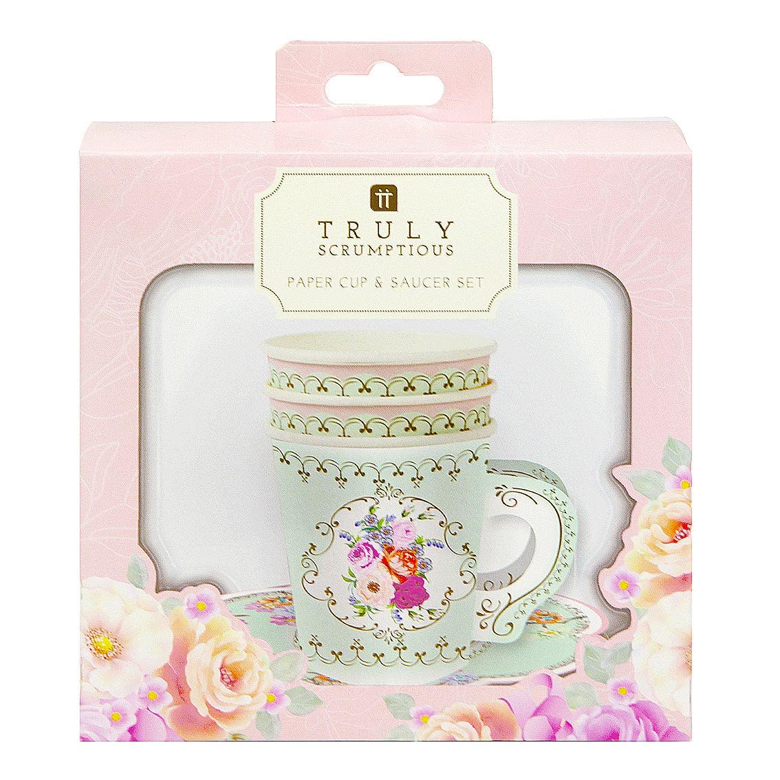 Talking Tables Truly Scrumptious - Juego de 12 tazas de papel floral vintage para fiestas de té o té para niños o adultos, cumpleaños, despedida de soltera o boda, color verde menta