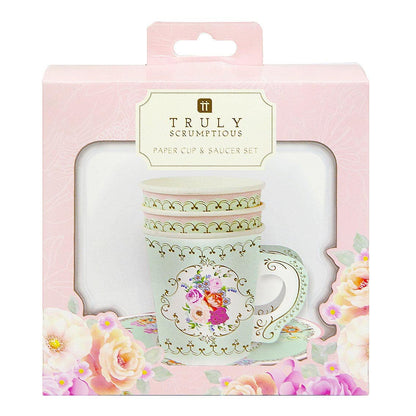 Talking Tables Truly Scrumptious - Juego de 12 tazas de papel floral vintage para fiestas de té o té para niños o adultos, cumpleaños, despedida de soltera o boda, color verde menta