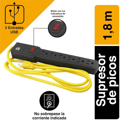 SANELEC, Barra Multicontacto con Supresor de Picos, 6 Contactos y 2 Entradas USB, Modelo 8618