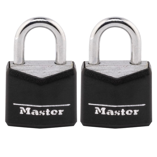 Master Lock 121T Candado de aluminio cubierto, 3/4 pulgadas de ancho, negro, 1 paquete, 2 unidades