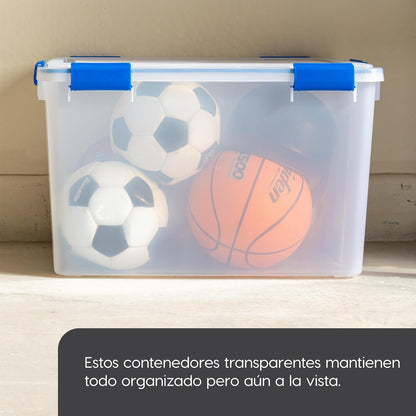 IRIS USA 2 Contenedores de 44 Qt con Tapa Hermética, Claro/Azul | El sello WeatherPro protege artículos voluminosos para mudanzas, garajes, áticos y sótanos.