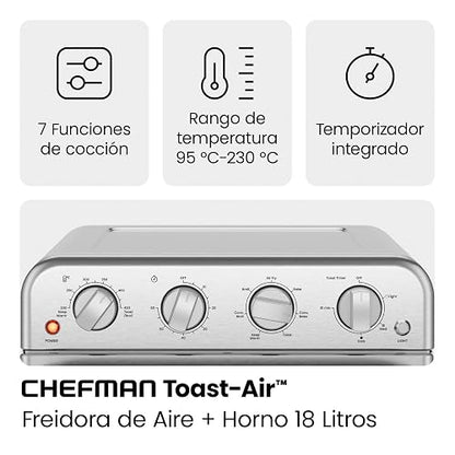 Chefman Combo de horno tostador de freidora de aire, 7 en 1, horno de convección extra grande de 18 L, cocinar una pizza de 10 pulgadas, temporizador integrado, apagado automático, acero inoxidable