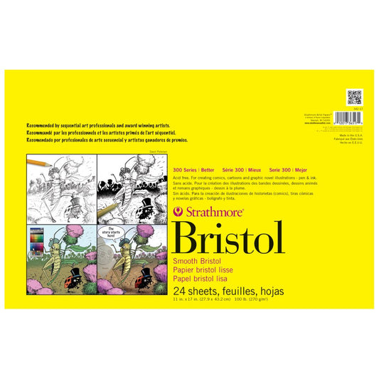 Strathmore Bloc de Papel Bristol Serie 300, Suave, Encuadernado con Cinta, 11 x 17 Pulgadas, 24 Hojas (270 g) – Papel de Artista para Adultos y Estudiantes – marcadores, bolígrafo y Tinta