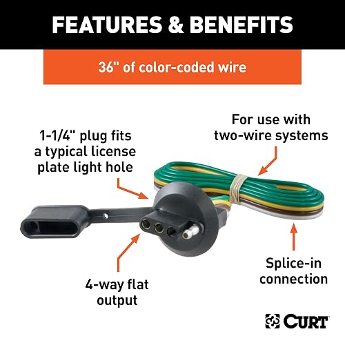 CURT Arnés de Cableado Plano 4 Pines para Remolque 58405, 36 in de Cable, Negro