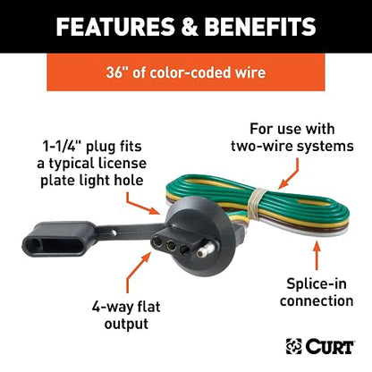 CURT Arnés de Cableado Plano 4 Pines para Remolque 58405, 36 in de Cable, Negro