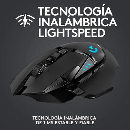Logitech G502 Lightspeed Mouse Inalámbrico Gamer, Hero 25K, 25,600 dpi, RGB, Peso Reducido, 11 Botones Programables, Batería de Larga Duración, con POWERPLAY, PC, Color Negro