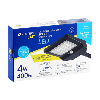 Volteck SUB-900L, Luminario suburbano LED 4 W con panel solar, luz blanca fría 6500K, IP 65, color negro