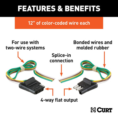 CURT Arnés de Cableado Plano de 4 Vías 58304, Cables de 12 in para Vehículo y Remolque