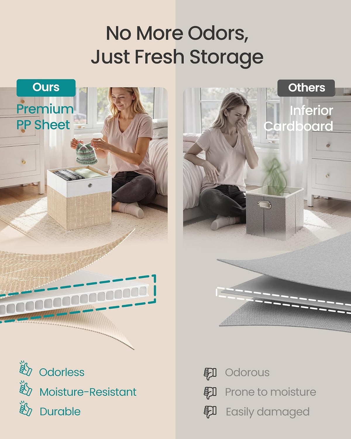SONGMICS Cajas Organizadoras de Tela, 6 Piezas, 33 x 33 x 33 cm | Cubos de Almacenamiento Plegables, para Clóset, Blanco y Beige, Colección TINA MRFB433LF02