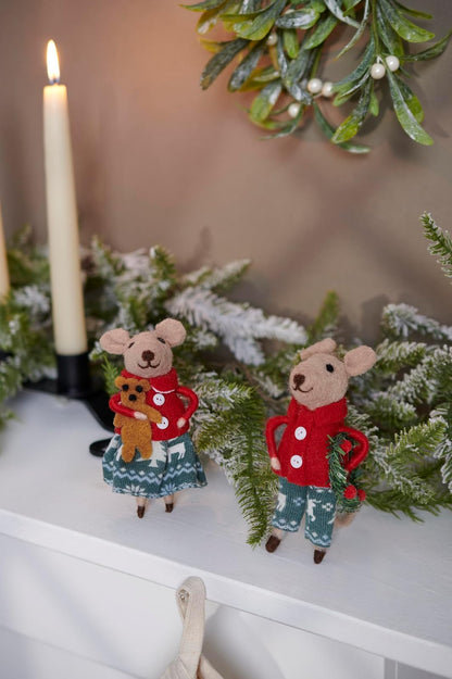 Primitives by Kathy - Juego de Ratones coleccionables para el día de Navidad, Dos Ratones de Fieltro con Trajes navideños Festivos/celebración de Bonitos Acentos de Galletas de Jengibre y Corona de