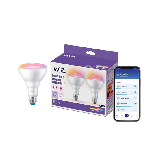 WiZ - Bombillas LED BR30 de 65 W - Conectadas a Wi-Fi - Foco Inteligente E26 - Control con Voz o Aplicación + Activación con Movimiento - 2 Unidades