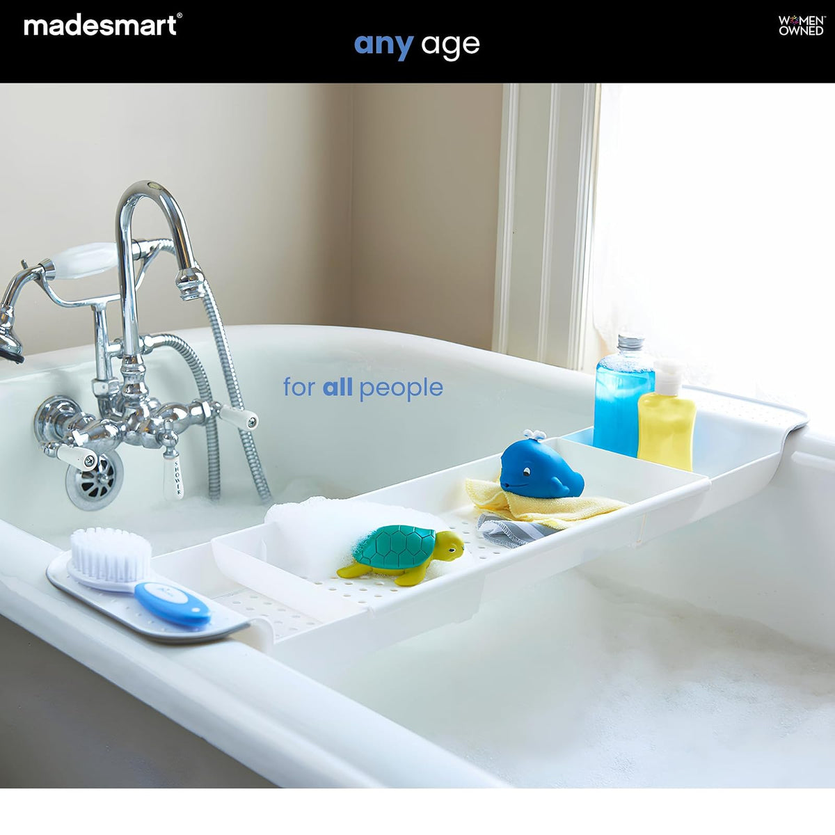 madesmart - Bandeja de baño expandible para bañeras, Ducha de plástico y Estante de baño, Blanco, Organizador de baño Multifuncional para Tina, Color Blanco