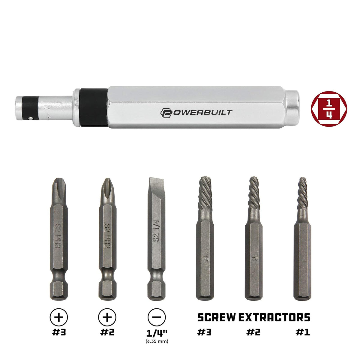 Powerbuilt 647767 - Juego de herramientas extractoras de impacto de 1/4 pulgadas, para quitar tornillos oxidados y dañados, mango de golpe con un martillo para crear un par de torsión cargado por