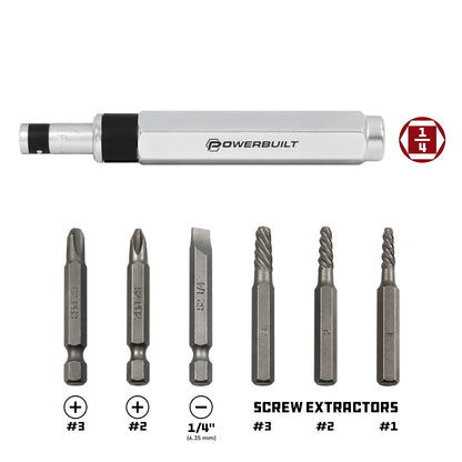 Powerbuilt 647767 - Juego de herramientas extractoras de impacto de 1/4 pulgadas, para quitar tornillos oxidados y dañados, mango de golpe con un martillo para crear un par de torsión cargado por