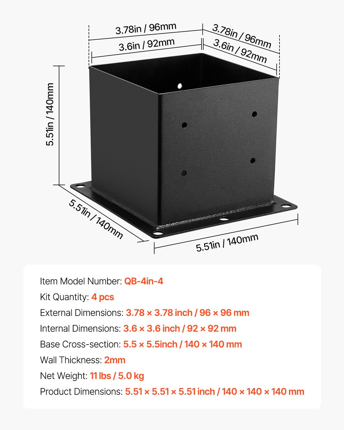 VEVOR Base para Postes de Madera 96 x 96 mm Tamaño Interior 92 x 92 mm 4 Piezas Soportes de Acero al Carbono para Postes Espesor de 2 mm para Instalaciones Fijas de Pérgolas, Barandillas, Negro