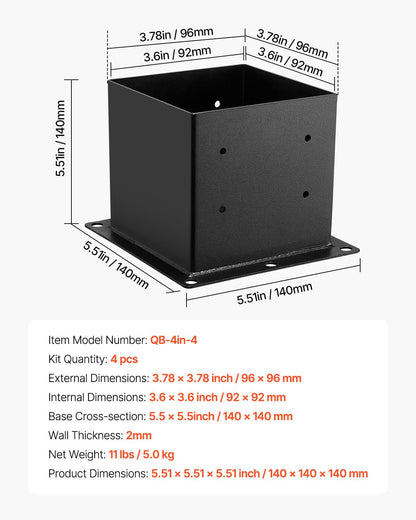 VEVOR Base para Postes de Madera 96 x 96 mm Tamaño Interior 92 x 92 mm 4 Piezas Soportes de Acero al Carbono para Postes Espesor de 2 mm para Instalaciones Fijas de Pérgolas, Barandillas, Negro