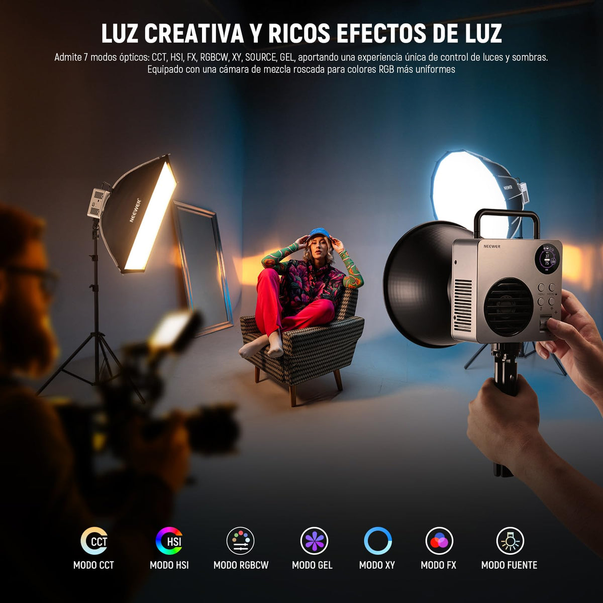 NEEWER HB80C RGBWW Luz Vídeo LED con Batería Incorporada 72Wh y PD 100W Carga Rápida 80W Mini RGB COB Iluminación Continua Foco Fotografía Portátil con Montaje Bowens 2500K-7500K 10400lux/m 18 Efectos