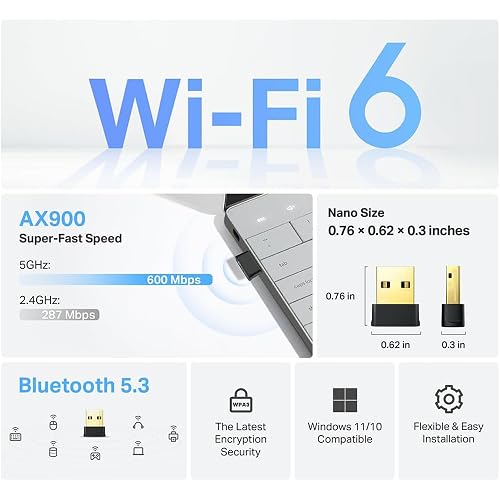 TP-Link Adaptador USB WiFi y Bluetooth Nano Archer TX10UB Nano - WiFi 6 AX900 Doble Banda - hasta 900 Mbps - Bluetooth 5.3 - Compatible con Windows - Diseño Ultracompacto - Fácil Instalación