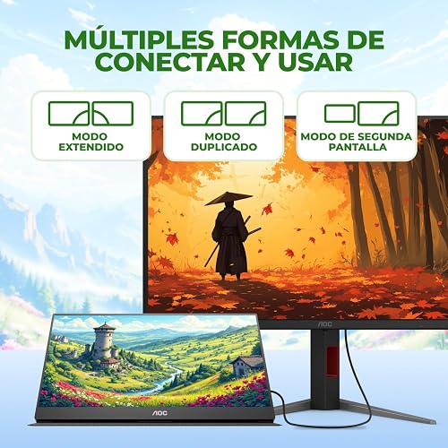 AOC Monitor Portátil 16T20, 15.6” FHD 1920x1080, Pantalla IPS, Bocinas Integradas, 2X USB Tipo C, 1x Mini HDMI, Funda Inteligente Premium, Compatible con Consolas de Videojuegos.
