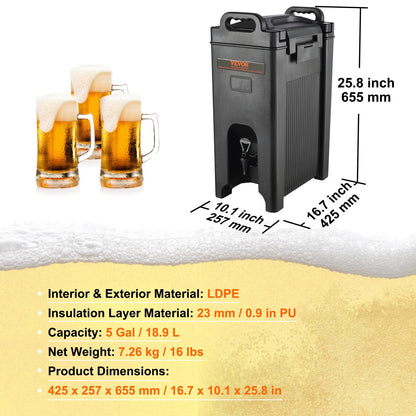 VEVOR Dispensador de bebidas aislado, 5 galones, servidor de bebidas frías y calientes LDPE de grado alimenticio, dispensador térmico de bebidas con mango de grifo de dos etapas de capa de poliuretano