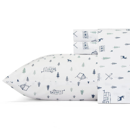 Eddie Bauer Juego de Sábanas de Percal de Algodón Individual XL - Campout White - Navy - Individual Extra Grande