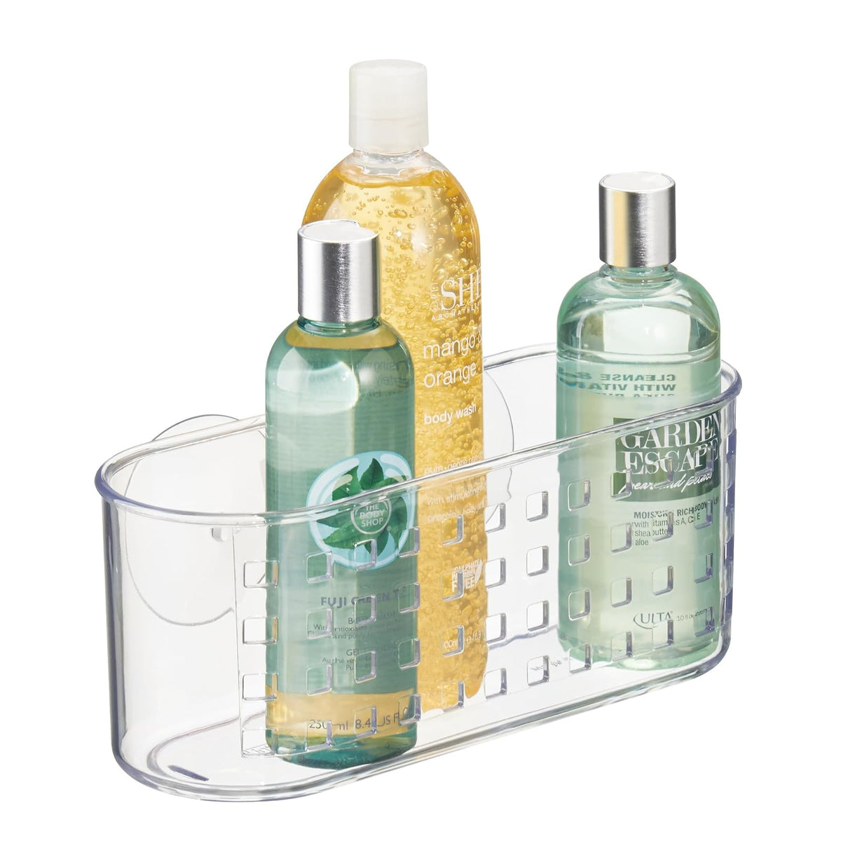 interDesign Basic Cesta para Ducha, Estante de baño de plástico con Ventosa para Colocar sin Taladro, Transparente