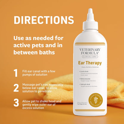 Terapia de oído de Cuidado clínico de fórmula Veterinaria, 8 oz. – Limpiador de oídos para Perros y Gatos – Ayuda a calmar la picazón y Limpiar el Canal auditivo de residuos y acumulaciones