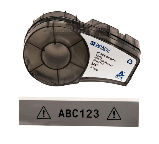 Brady M21-750-595-GY Cartridge, B595 Vinyl Indoor/Outdoor Material, 0.75" W x 21' L, Black on Gray