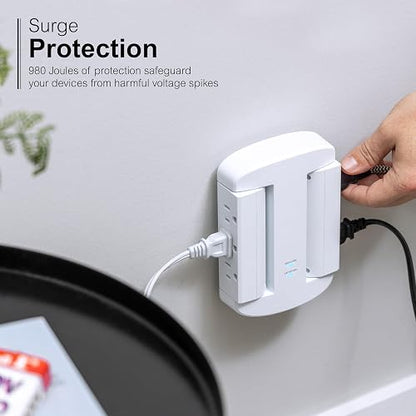 GE Extensor de 6 Enchufes, Protector contra Sobretensiones, Acceso Lateral Giratorio, Adaptador de Enchufe de Pared, 3 Clavijas, 980 Joules, Certificado ETL, Blanco, 81781