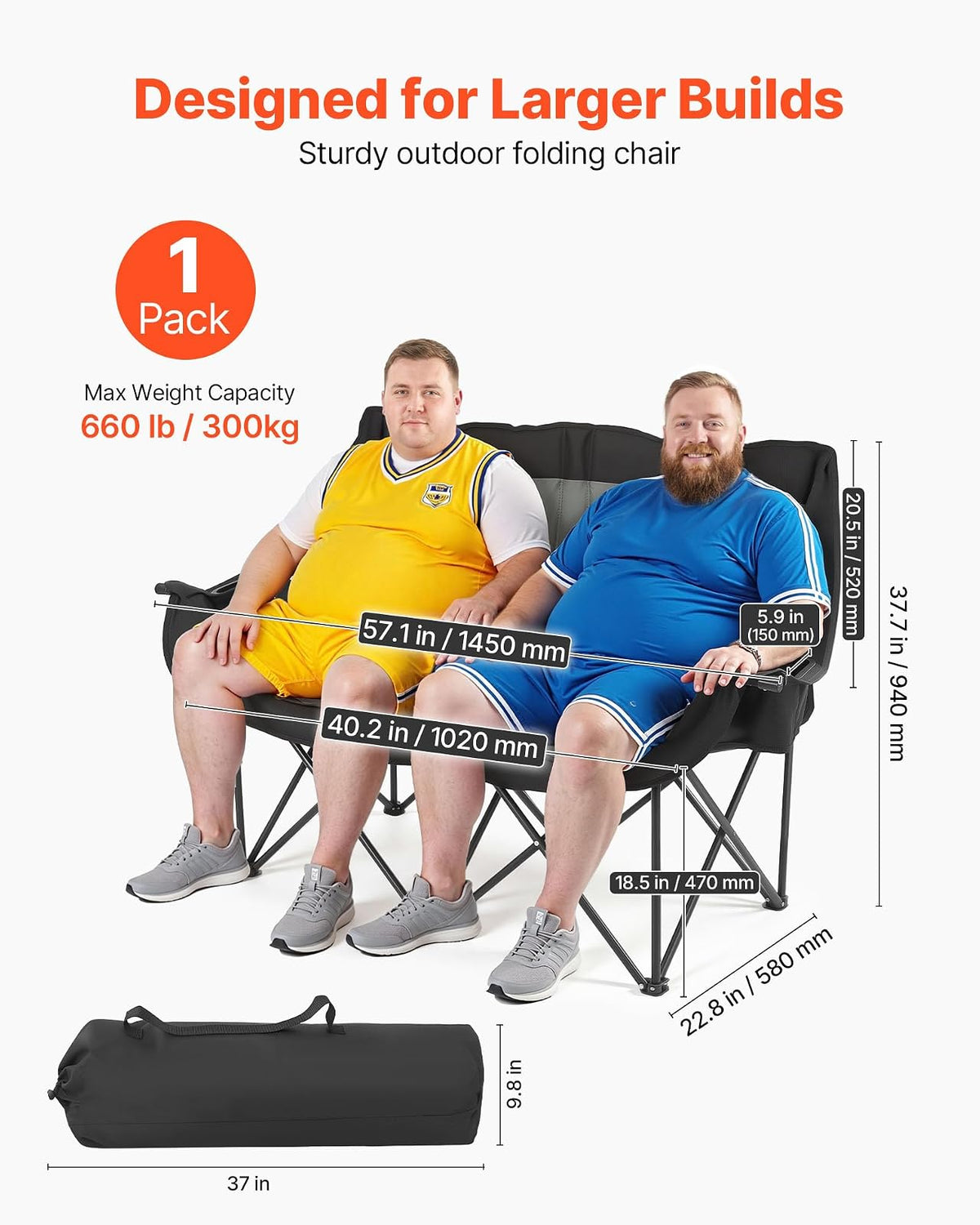 VEVOR Silla de Camping Plegable Doble, Capacidad Máxima de 300 kg con Respaldo Acolchado, Silla de Pesca de Tela Oxford 600D Portátil con Portavasos y Bolsillos para Exteriores Playa Jardín 2 Personas