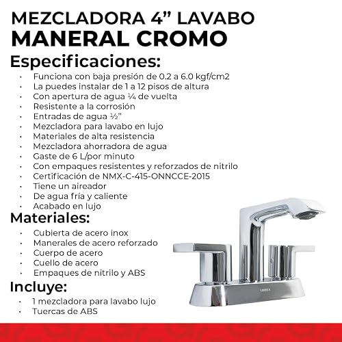 URREA Mezcladora de 4" de Latón con Manerales de Palanca, Acabado Cromo, 12CL