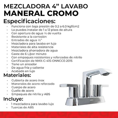 URREA Mezcladora de 4" de Latón con Manerales de Palanca, Acabado Cromo, 12CL