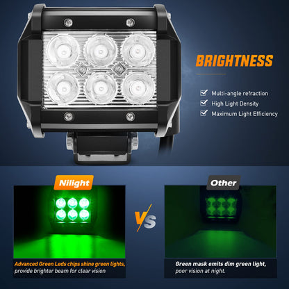 Nilight - Luz LED de 4 pulgadas, luces antiniebla de conducción de puntos verdes, 2 unidades, 18 W, pesca, caza, emergencia, señal de seguridad, remolque, iluminación de caza para UTV, camioneta,