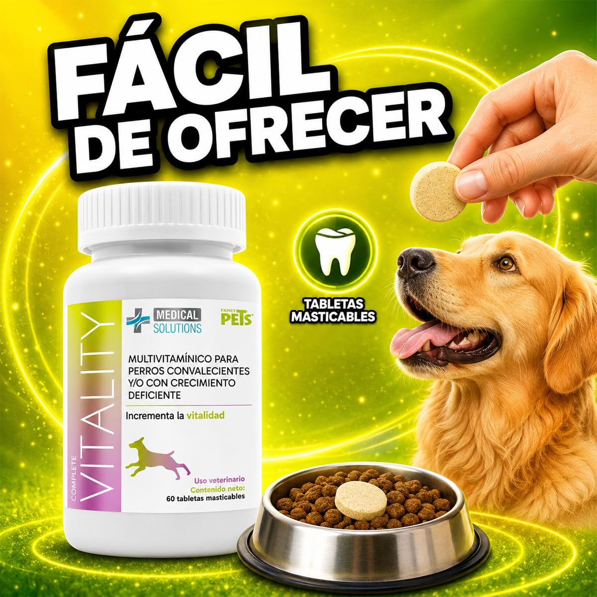 Fancy Pets Medical Solutions Complete Vitality Suplemento Alimenticio para Perros con Vitaminas Minerales L Taurina y L Metionina 60 Tabletas Masticables
