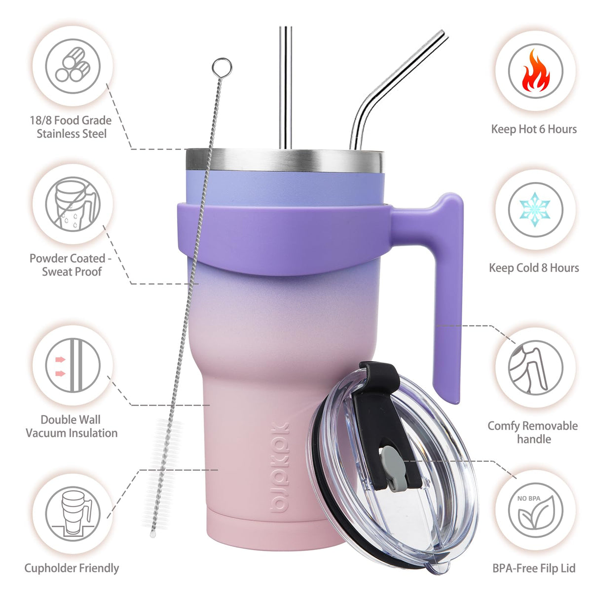 BJPKPK - Vaso de 30 onzas con asa y popote de acero inoxidable para viaje, vaso aislado con tapas, puesta de sol pastel