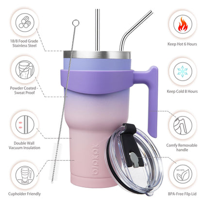 BJPKPK - Vaso de 30 onzas con asa y popote de acero inoxidable para viaje, vaso aislado con tapas, puesta de sol pastel