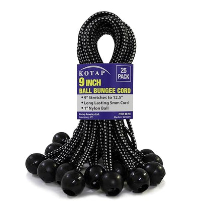 Kotap BB-9B Ball Bungee, 9-Inch, Black, 25-Piece