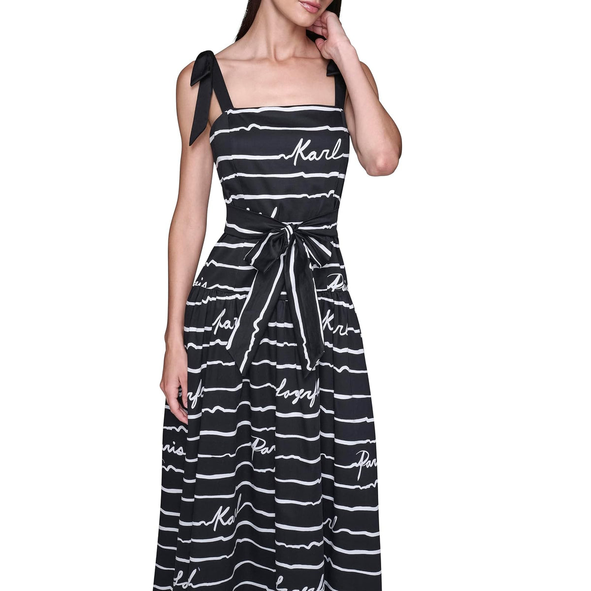 Karl Lagerfeld Cotton Sateen Printed Belted Midi Dress with Bow Tie Straps Vestido Informal Mujer