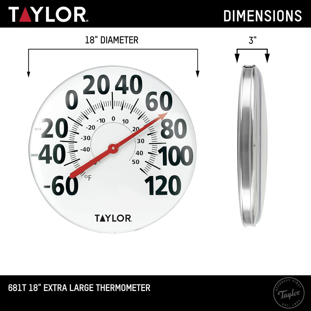 Taylor - Termómetro de pared de metal extragrande para interiores y exteriores, números fáciles de leer para patio, piscina y zonas interiores, 18 pulgadas, color blanco