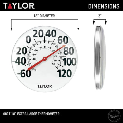 Taylor - Termómetro de pared de metal extragrande para interiores y exteriores, números fáciles de leer para patio, piscina y zonas interiores, 18 pulgadas, color blanco