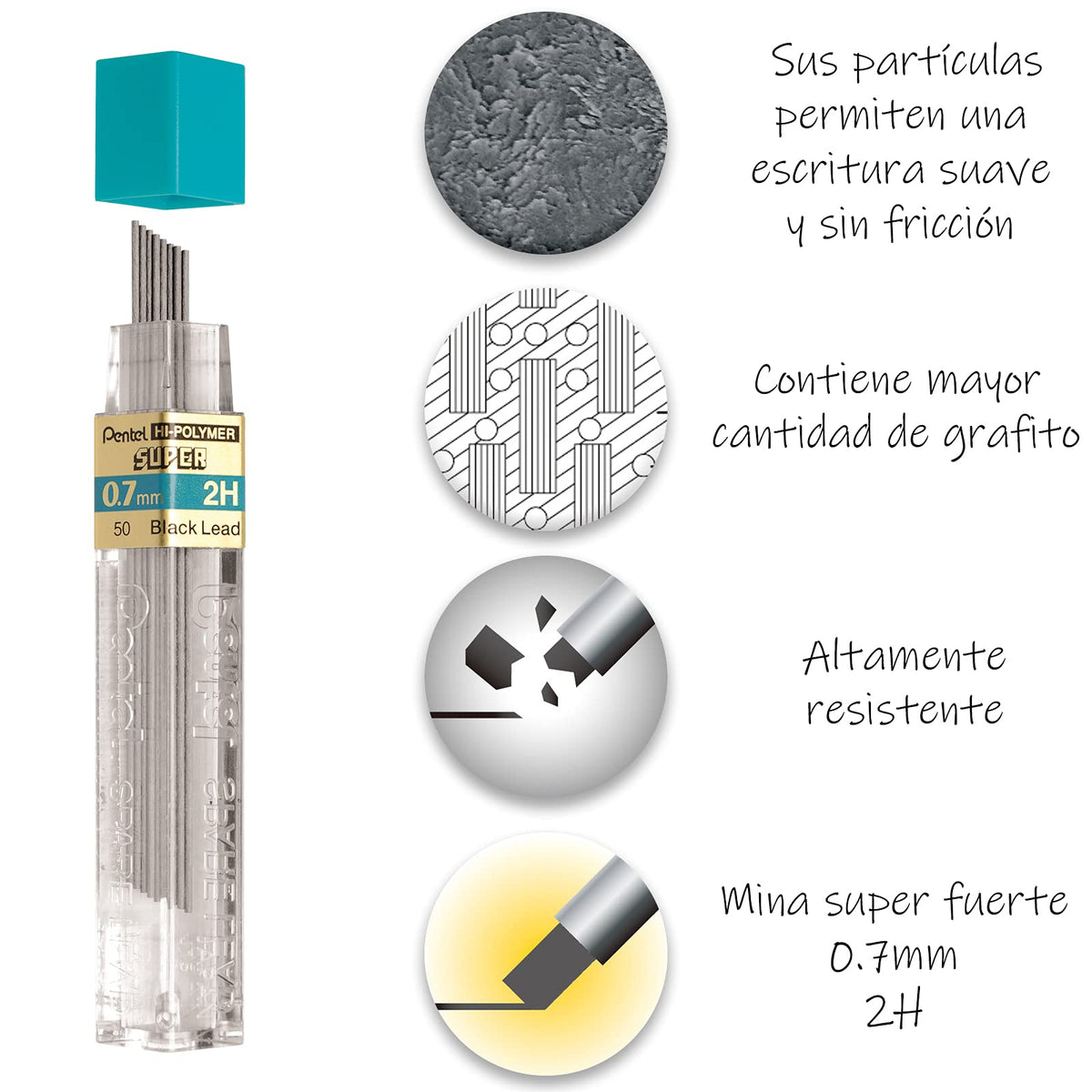 Pentel de México 50-2H Mina Hi-Polymer, 2H, 0.7 mm, pack of aquete de 1, 144 Pieces, Gris