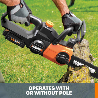 Worx WG323 20 V Power Share - Poste/sierra de cadena inalámbrica de 10 pulgadas con tensión automática (batería y cargador incluidos)