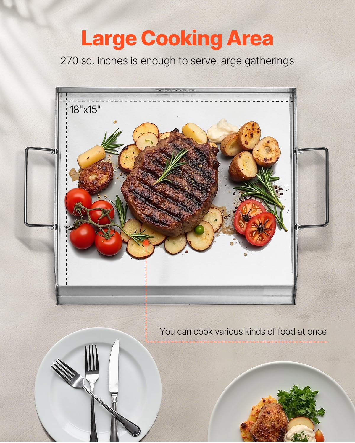VEVOR - Plancha de acero inoxidable, placa rectangular universal de 18 x 16 pulgadas, plancha de parrilla de gas para parrilla de barbacoa, Teppanyaki, utensilios de cocina familiar portátil con asa,