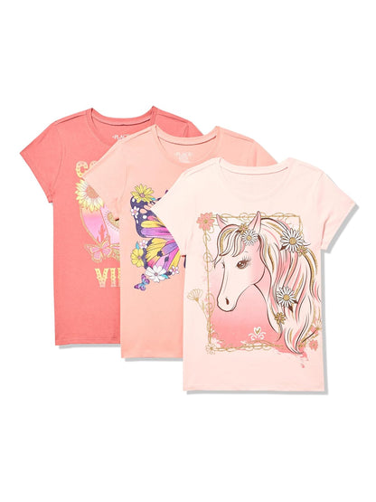 The Children's Place Playeras Estampadas de Manga Corta para Niña - XL - Flowers - Cabeza de Caballo - Country Vibes Paquete de 3